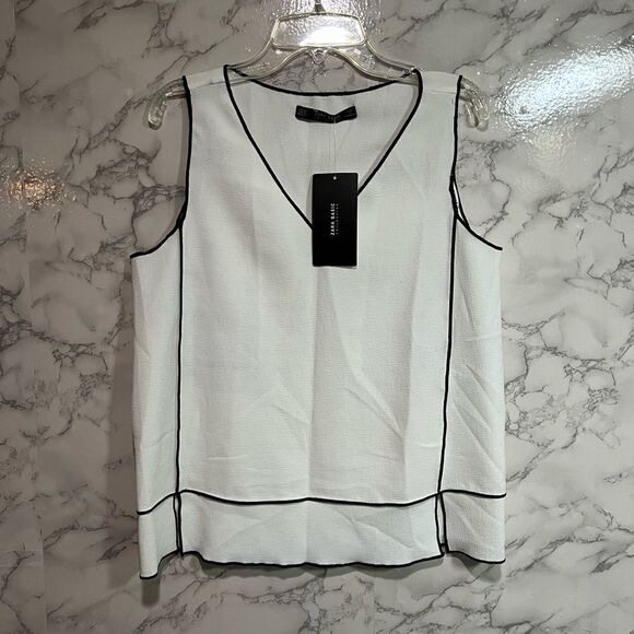 Zara White Neck Top with Contrast Piping Trim Size XS - Picture 8 of 13